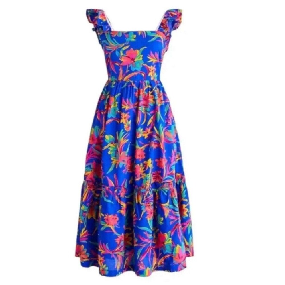 J Crew Women Dress Square Neck Midi Blue Cotton Preppy Floral Boho Size 8 NWT
